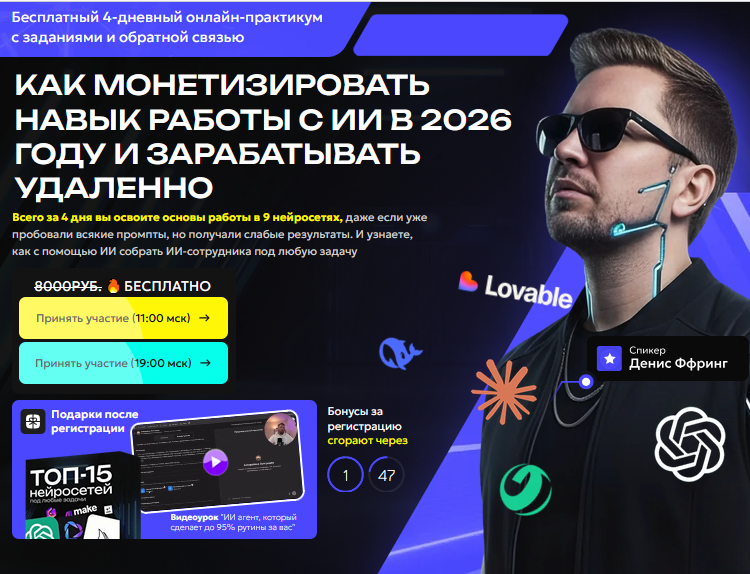 Бесплатный марафон "Как монетизировать навык работы с ИИ в 2026 году и зарабатывать удаленно"